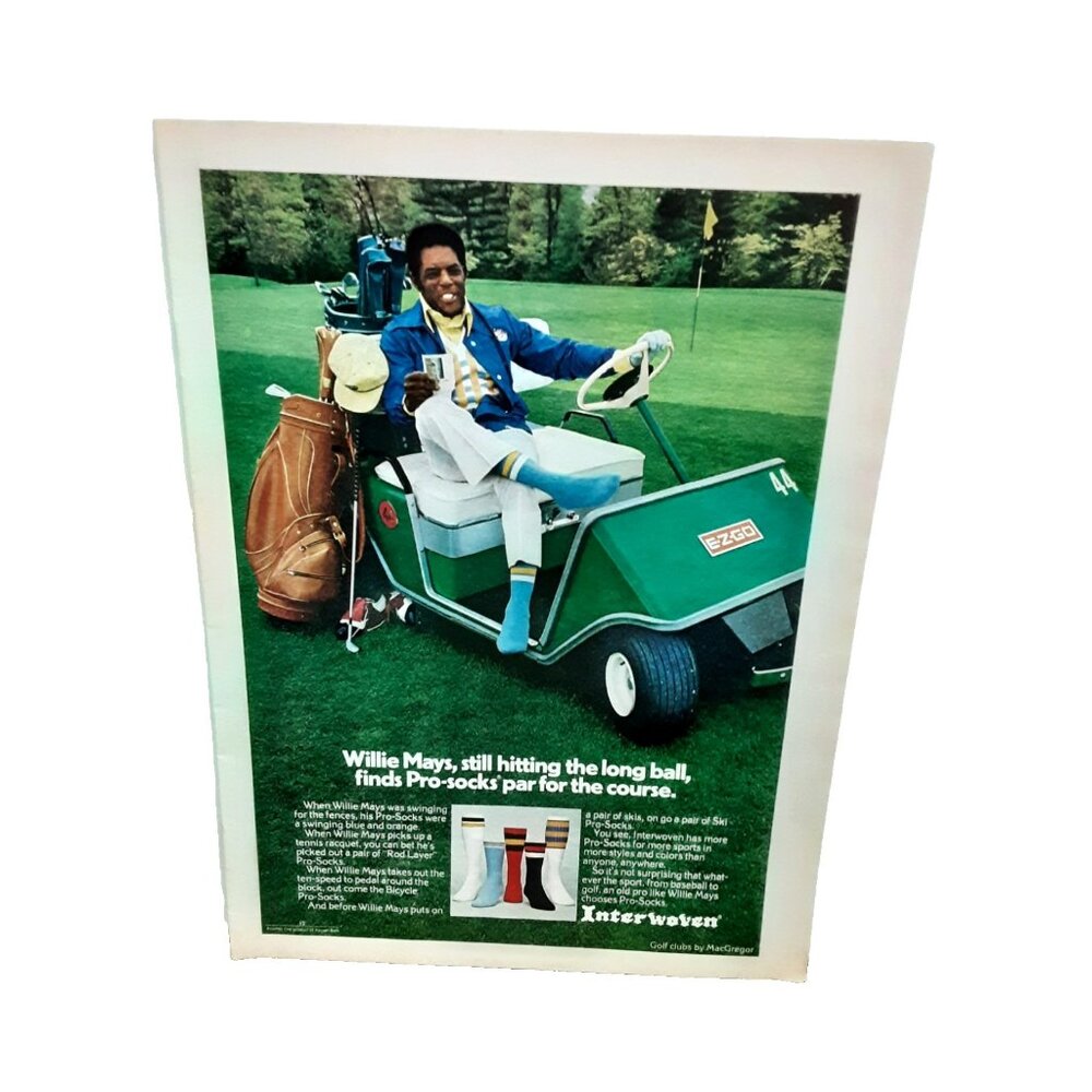 1974 Willie Mays Ad Interwoven Pro-Socks Golf Cart Vintage Sports Promo